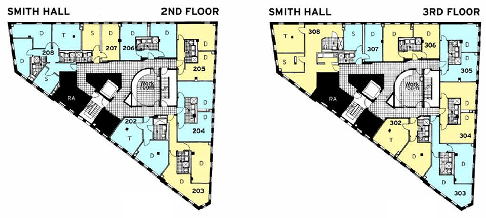 Floor plans of Smith Hall’s 2nd and 3rd floors, showing rooms, stairs, elevators, and hallways in color-coded sections.