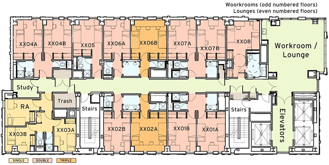Floor plan of a dormitory showing rooms, lounges, workrooms, bathrooms, stairs, elevators, and a study area.